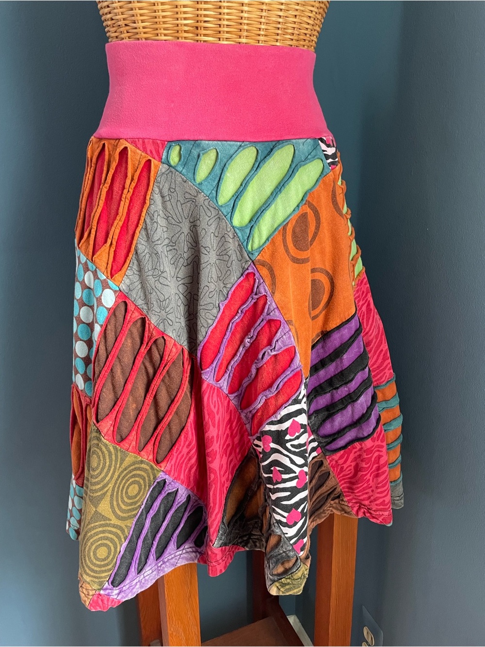 Rising International Boho Patchwork Razor Cut Midi Skirt Size M Nepal Cotton